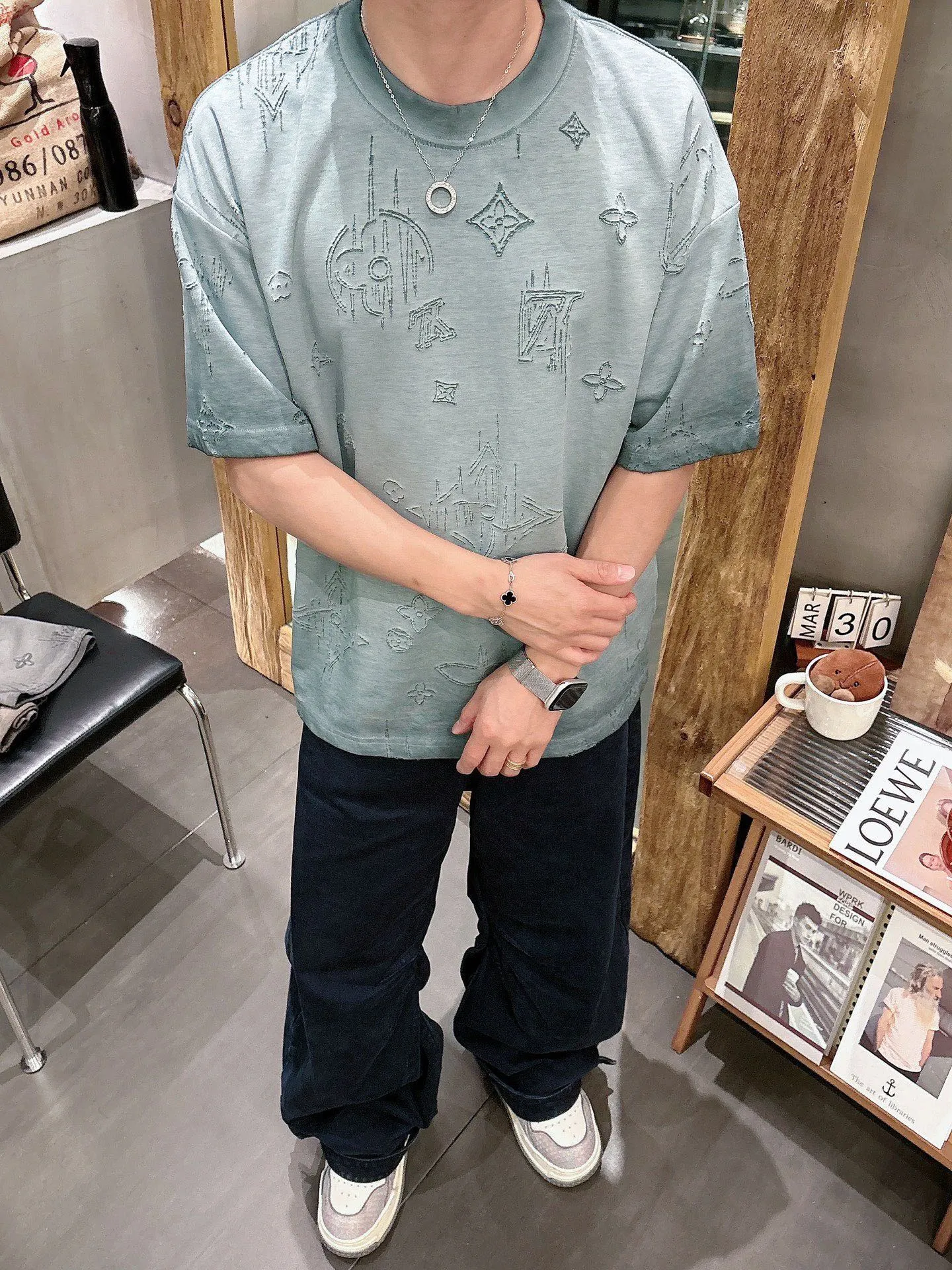 Louis Vuitton/Louis Vuitton presbyopia burnt flower washed distressed short sleeves